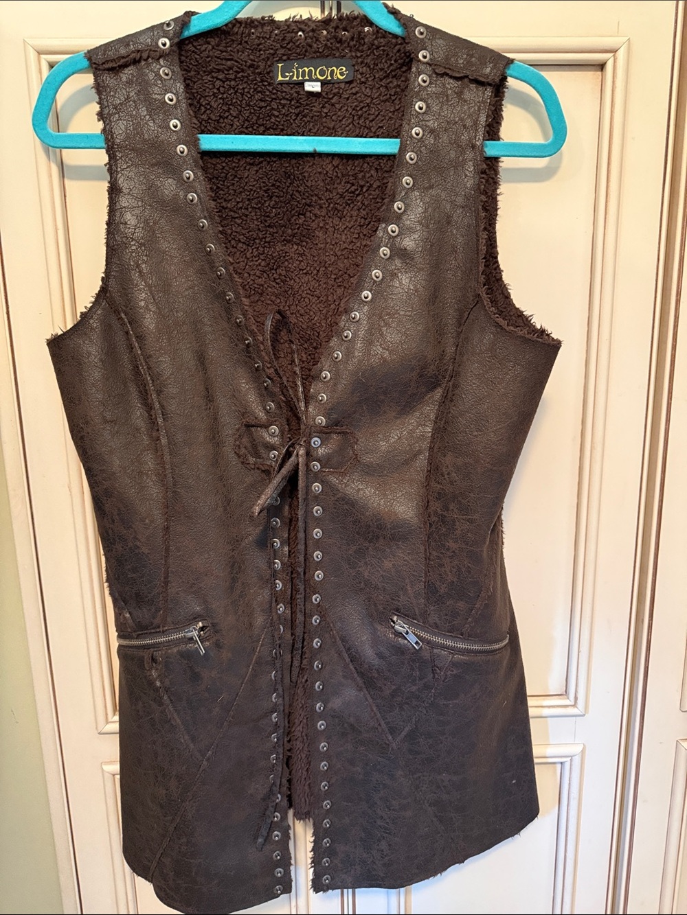 Luxurious Chocolate Brown Leather Vest with Faux Fur lining